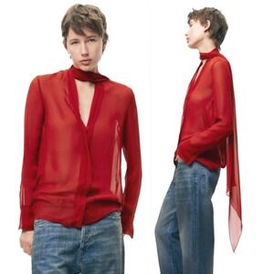 Zara Burnt Red Sheer Scarf Tie Neck Blouse Size L Romantic Minimalist Chic